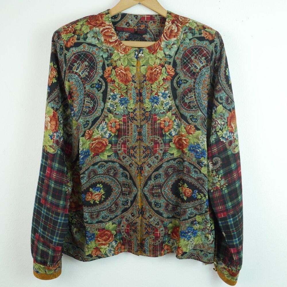 Jerri Sherman 100% Silk‎ Blouse Size 12 80s Maximalist Glam Luxury Plaid Floral
